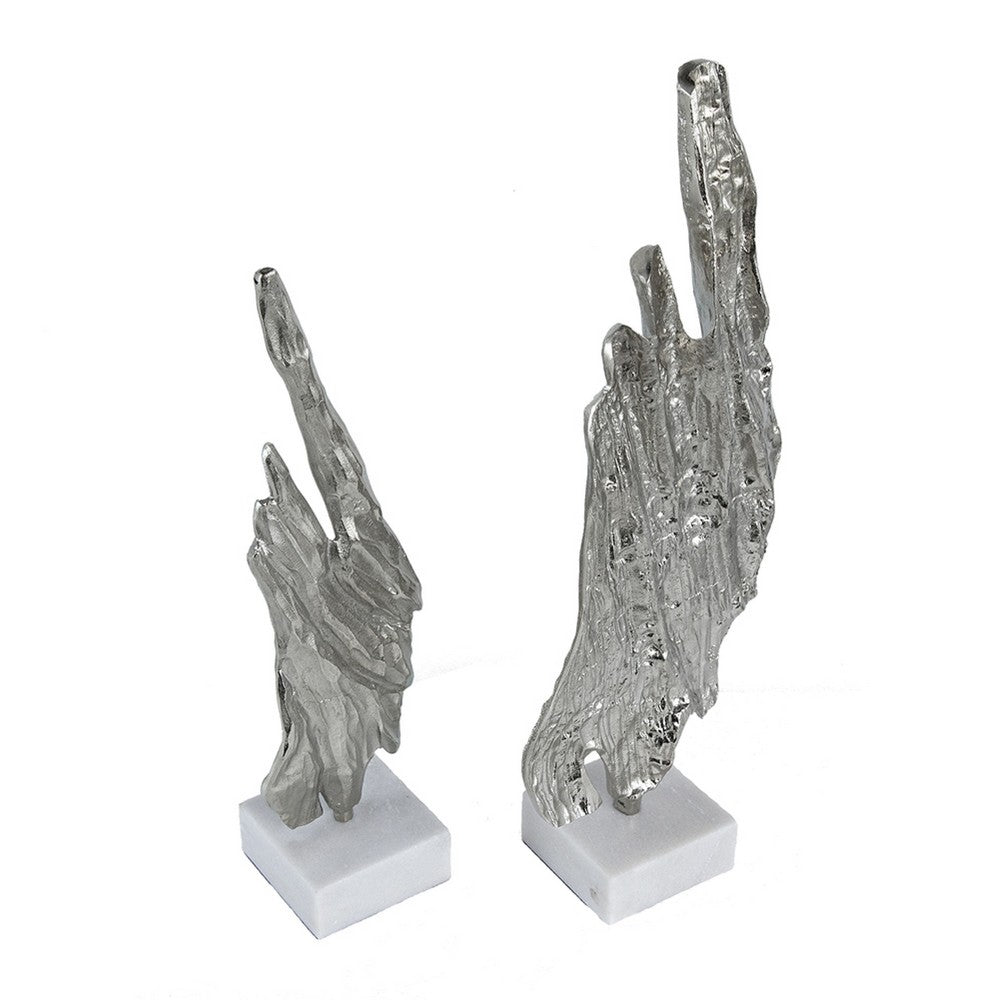 Tree Bark Sculpture Set of 2 | White Marble | Silver Aluminum 27 23"
