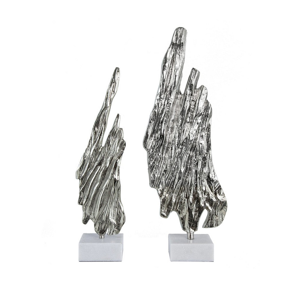 Tree Bark Sculpture Set of 2 | White Marble | Silver Aluminum 27 23"