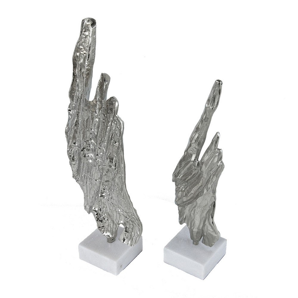 Tree Bark Sculpture Set of 2 | White Marble | Silver Aluminum 27 23"