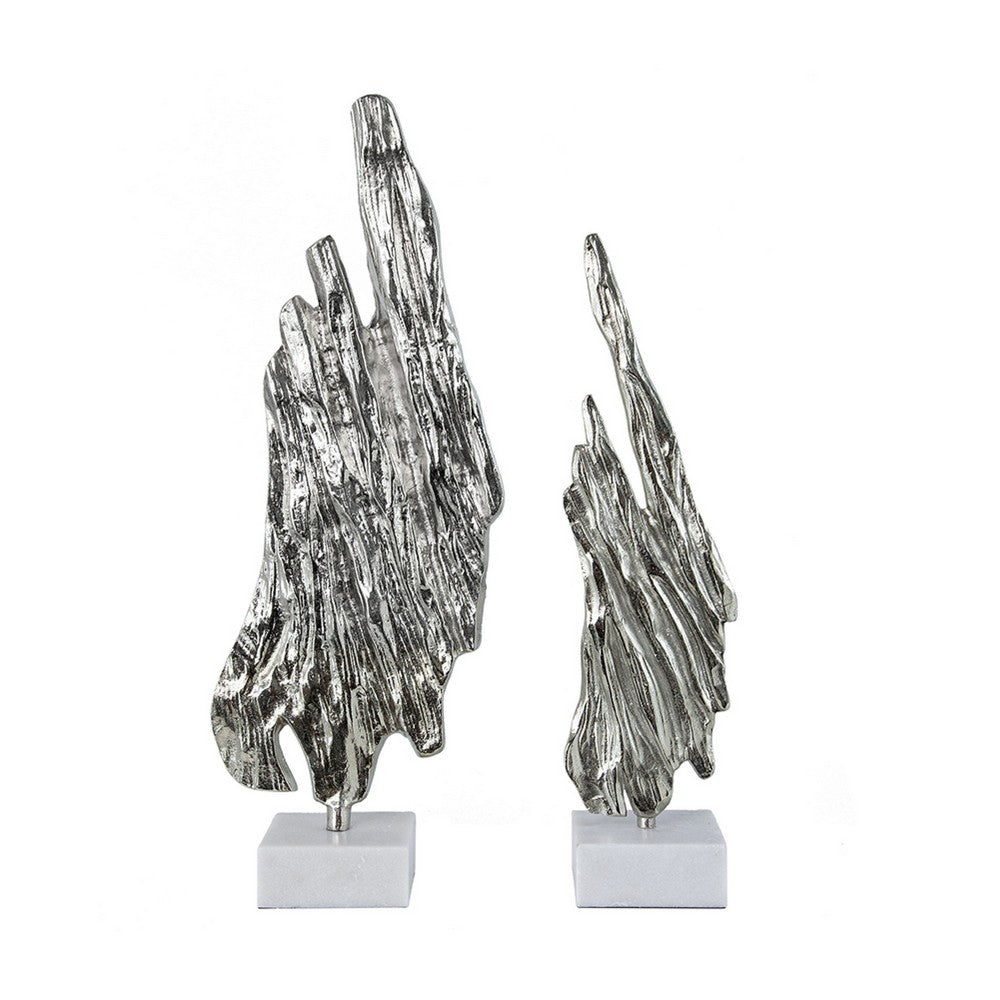 Tree Bark Sculpture Set of 2 | White Marble | Silver Aluminum 27 23"