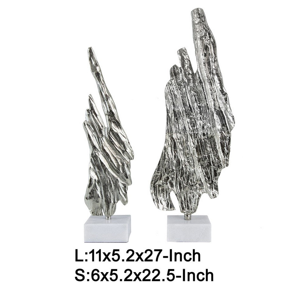 Tree Bark Sculpture Set of 2 | White Marble | Silver Aluminum 27 23"