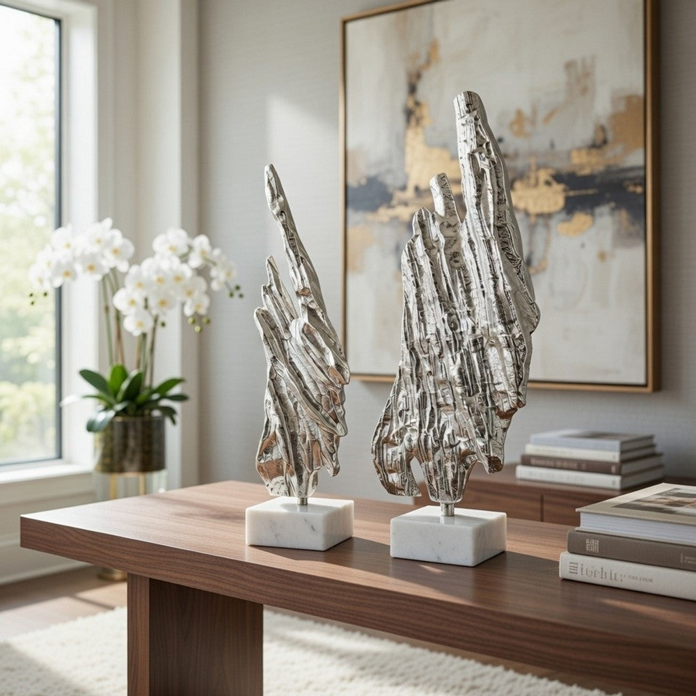 Tree Bark Sculpture Set of 2 | White Marble | Silver Aluminum 27 23"