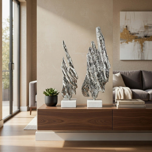 Tree Bark Sculpture Set of 2 | White Marble | Silver Aluminum 27 23"