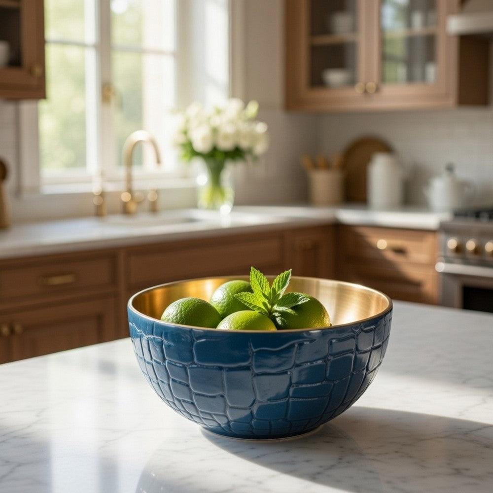 Dany 9" Decorative Bowl | Crocodile Texture | Blue & Gold Aluminum