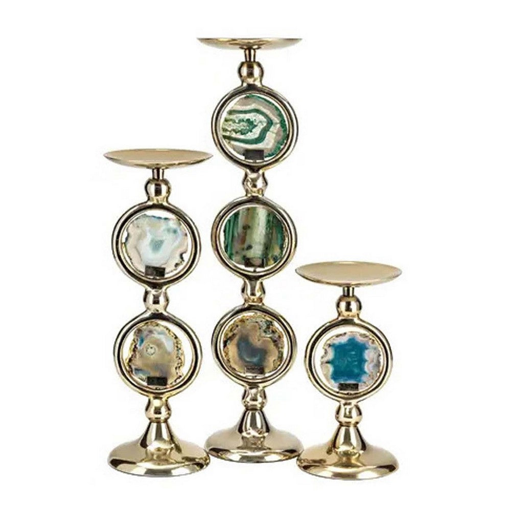Pillar Candle Holder Set of 3 | Gold Aluminum & Natural Agate Inlays
