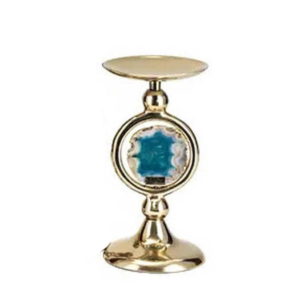 Pillar Candle Holder Set of 3 | Gold Aluminum & Natural Agate Inlays