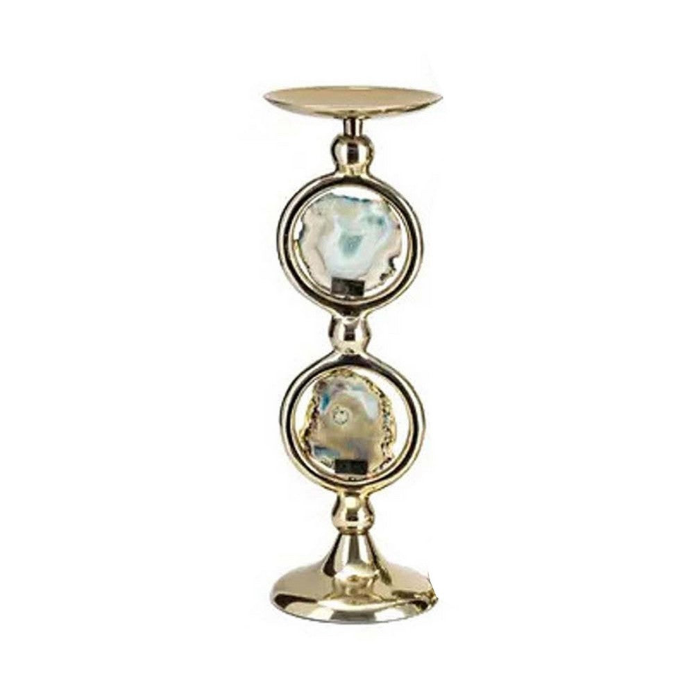 Pillar Candle Holder Set of 3 | Gold Aluminum & Natural Agate Inlays