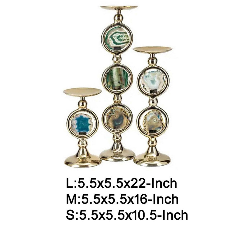 Pillar Candle Holder Set of 3 | Gold Aluminum & Natural Agate Inlays