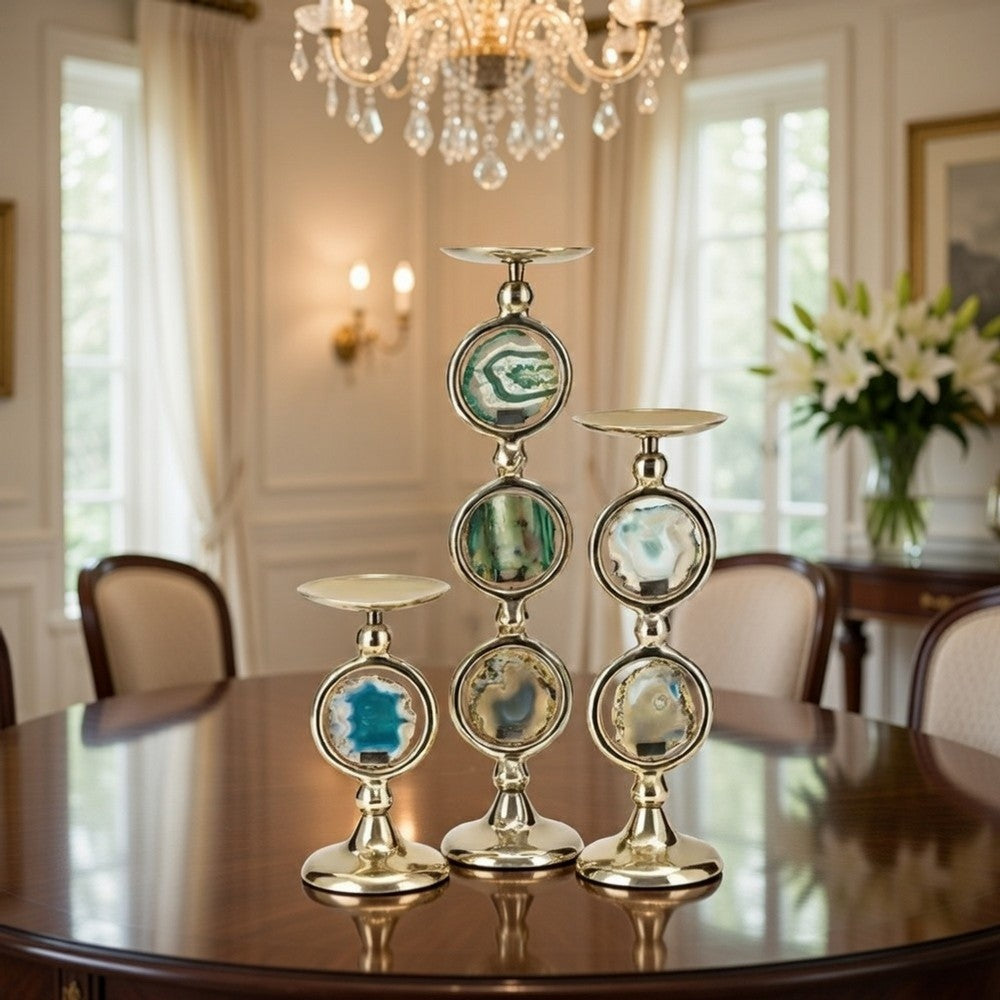 Pillar Candle Holder Set of 3 | Gold Aluminum & Natural Agate Inlays