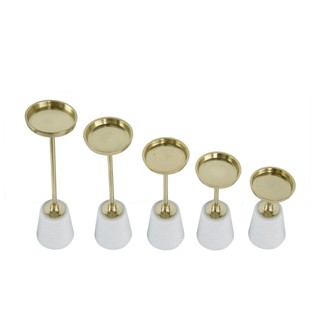 Pillar Candle Holder Set of 5 | Gold Aluminum & Thick White Marble Base