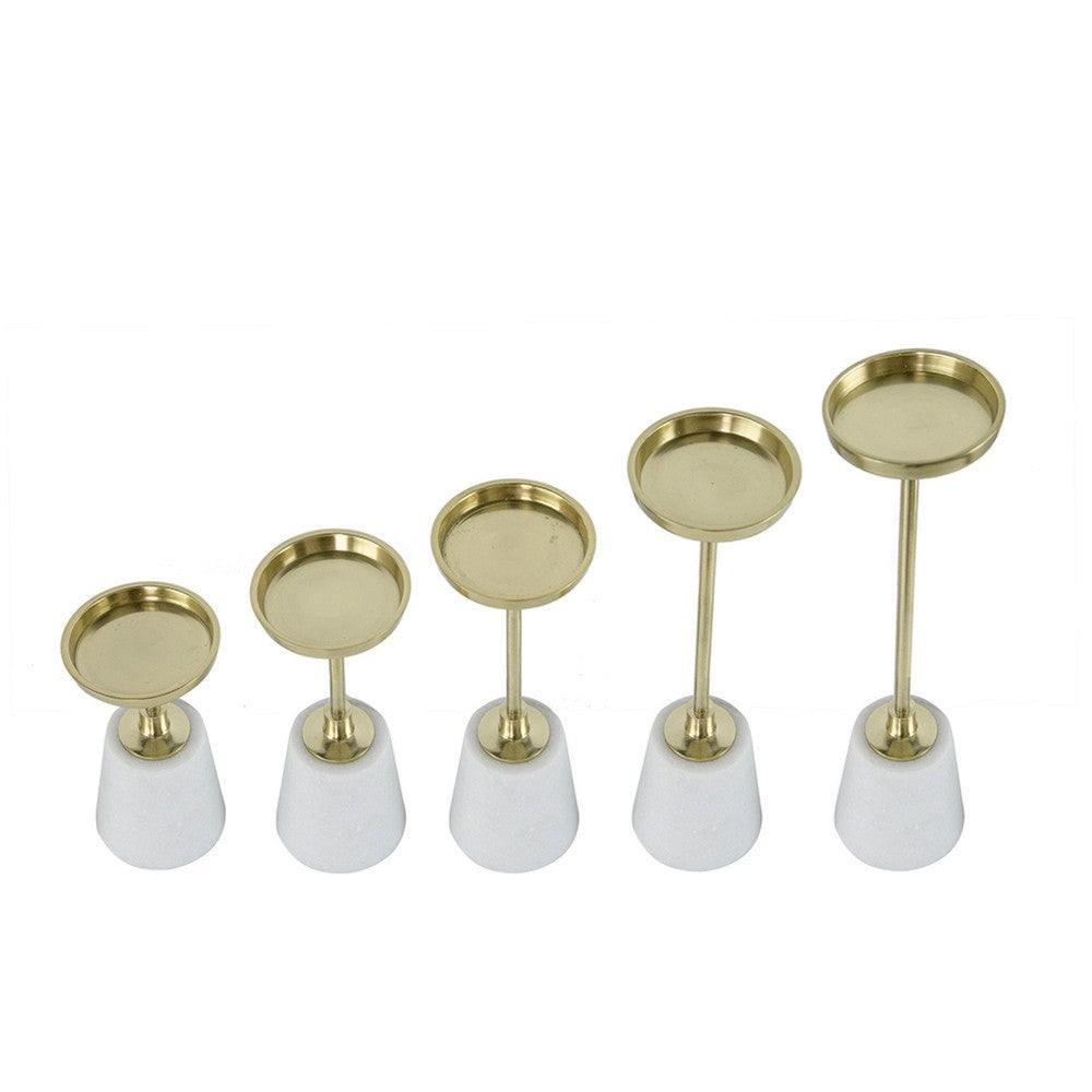 Pillar Candle Holder Set of 5 | Gold Aluminum & Thick White Marble Base