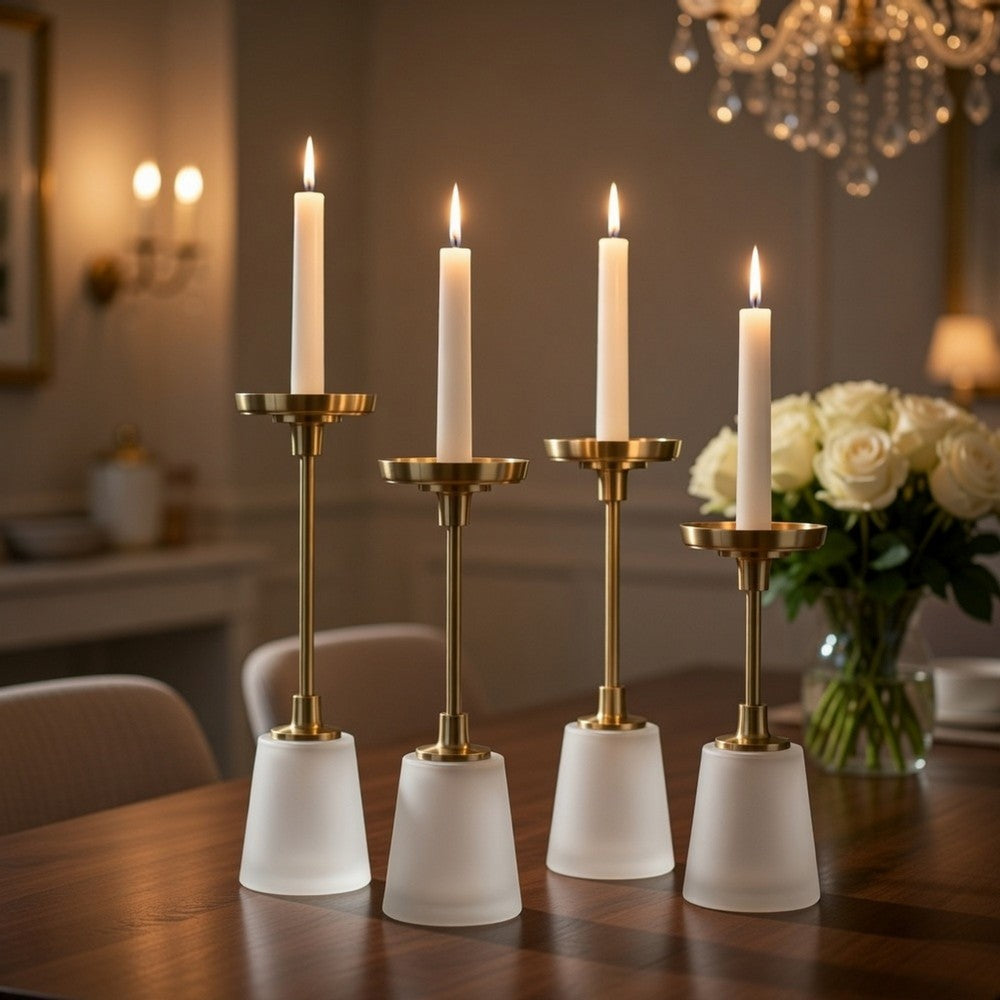 Pillar Candle Holder Set of 5 | Gold Aluminum & Thick White Marble Base