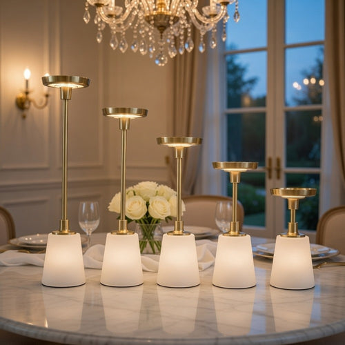 Pillar Candle Holder Set of 5 | Gold Aluminum & Thick White Marble Base