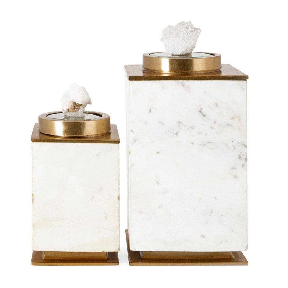 Decorative Canisters | Set of 2 White & Gold Aluminum | Mango Wood