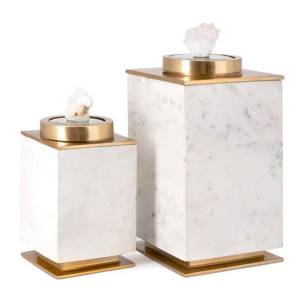 Decorative Canisters | Set of 2 White & Gold Aluminum | Mango Wood