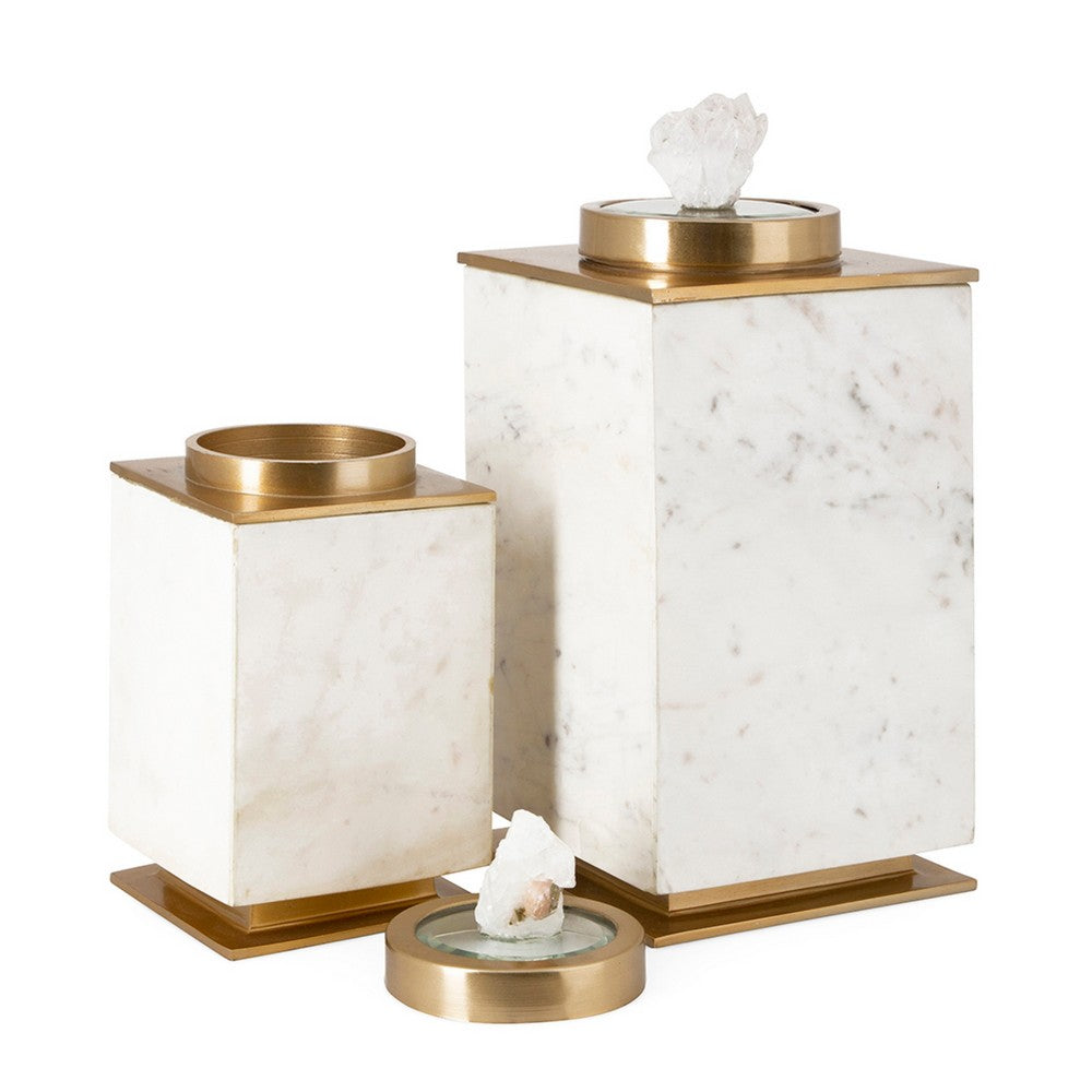 Decorative Canisters | Set of 2 White & Gold Aluminum | Mango Wood