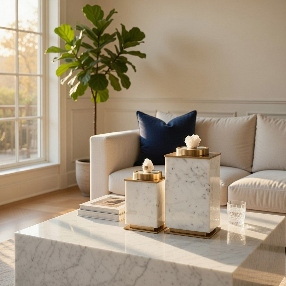 Decorative Canisters | Set of 2 White & Gold Aluminum | Mango Wood