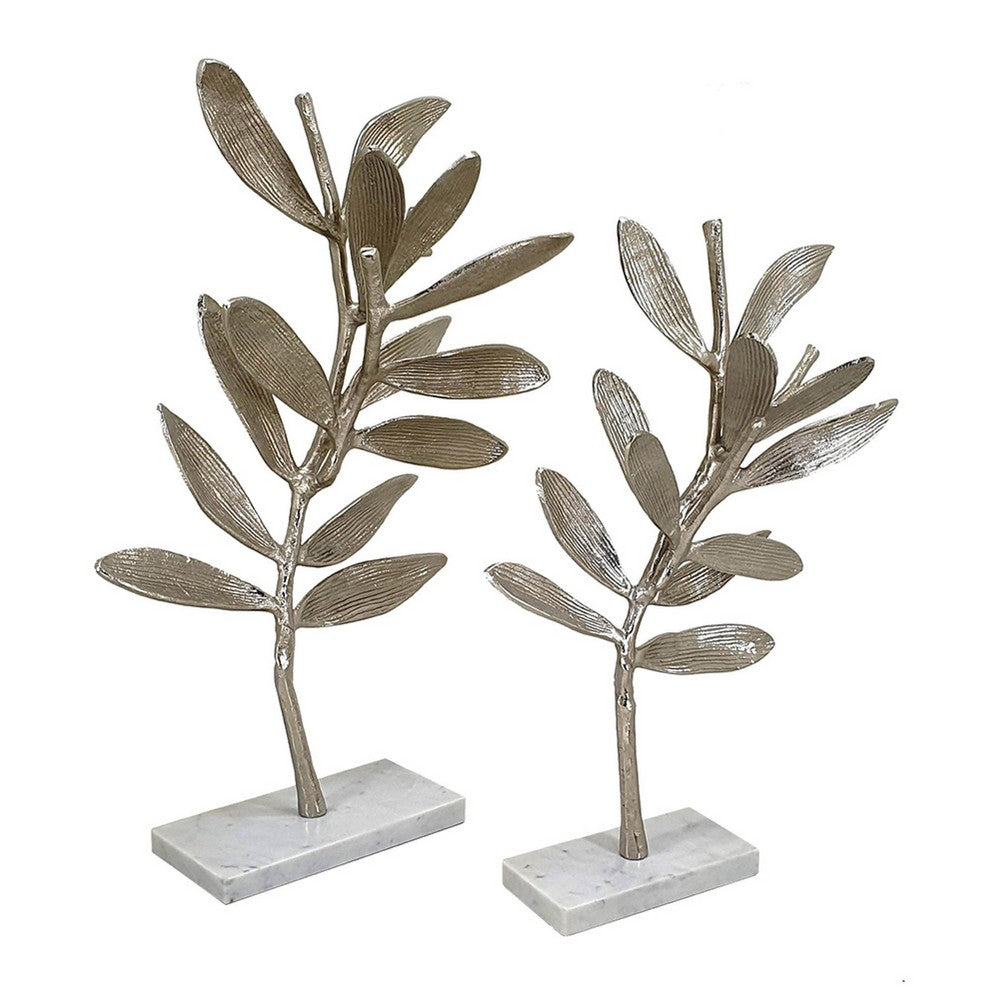 Accent Decor | Set of 2 Silver Leaf Statuary | White Marble Base | 28", 22"