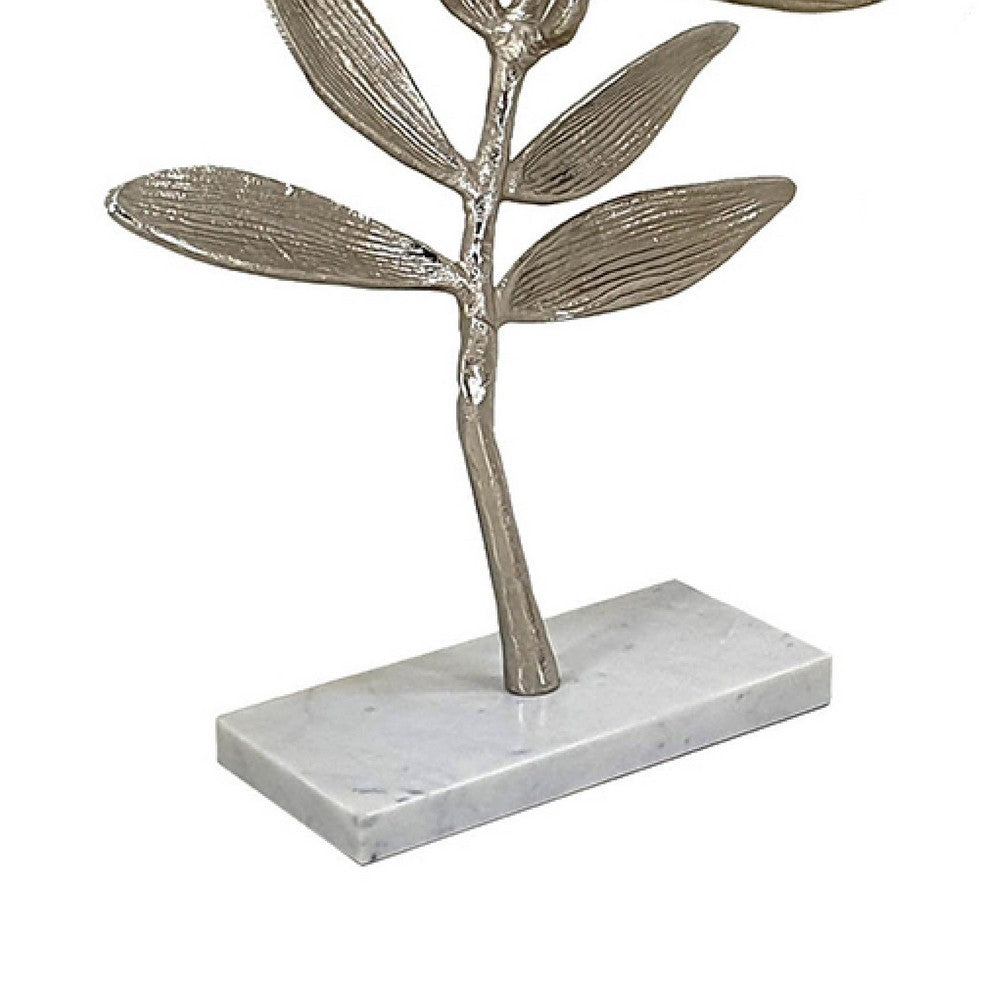 Accent Decor | Set of 2 Silver Leaf Statuary | White Marble Base | 28", 22"