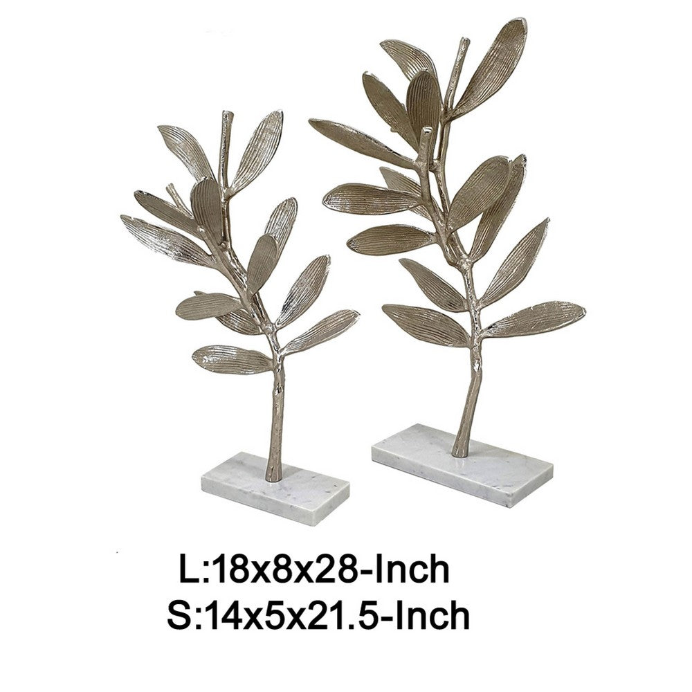 Accent Decor | Set of 2 Silver Leaf Statuary | White Marble Base | 28", 22"