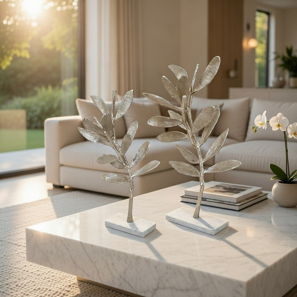 Accent Decor | Set of 2 Silver Leaf Statuary | White Marble Base | 28", 22"
