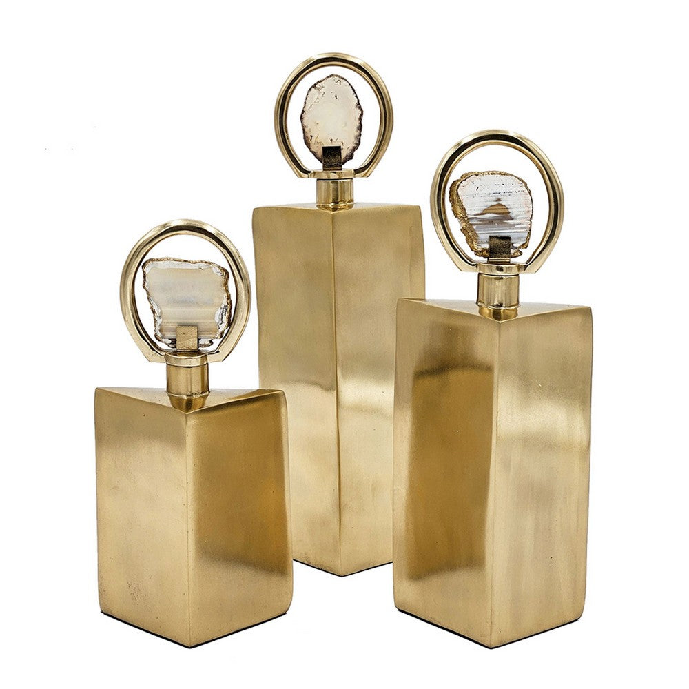 Decorative Bottle Set of 3 | Gold Square, Agate Stone Accent, 14,12,10Inch