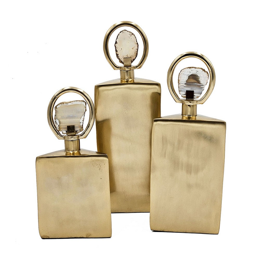 Decorative Bottle Set of 3 | Gold Square, Agate Stone Accent, 14,12,10Inch