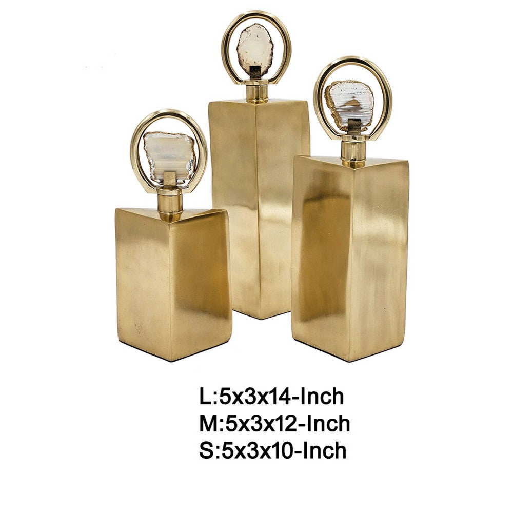 Decorative Bottle Set of 3 | Gold Square, Agate Stone Accent, 14,12,10Inch