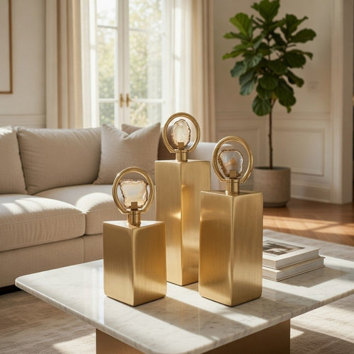 Decorative Bottle Set of 3 | Gold Square, Agate Stone Accent, 14,12,10Inch