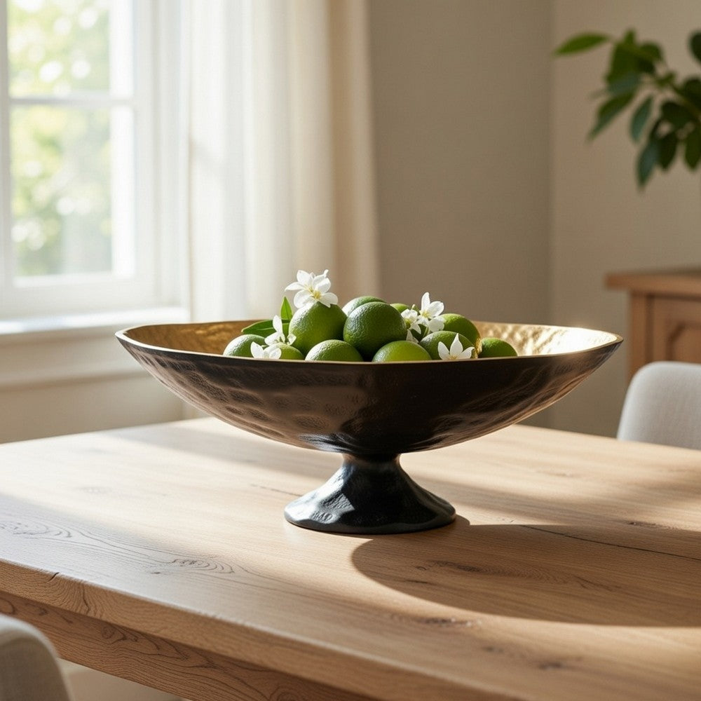 Decorative Bowl | 14" Oval Shape with Pedestal Stand | Black | Gold