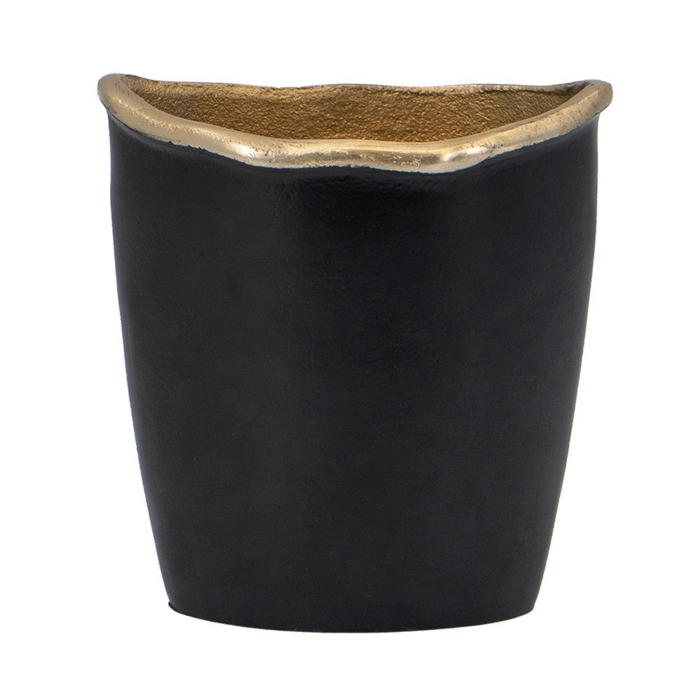 Decorative Vase | 8" Curved Rim Edge | Rich Black and Gold Metal