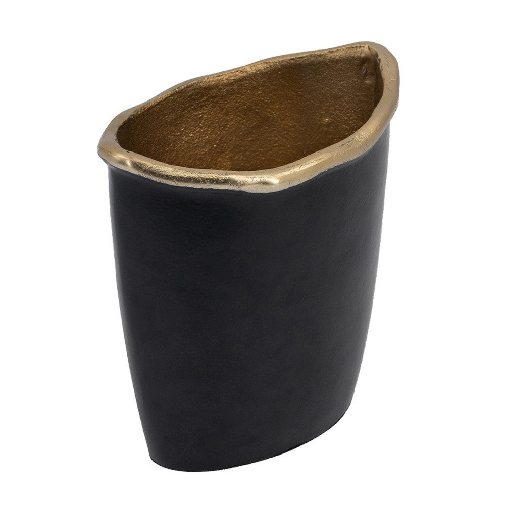 Decorative Vase | 8" Curved Rim Edge | Rich Black and Gold Metal