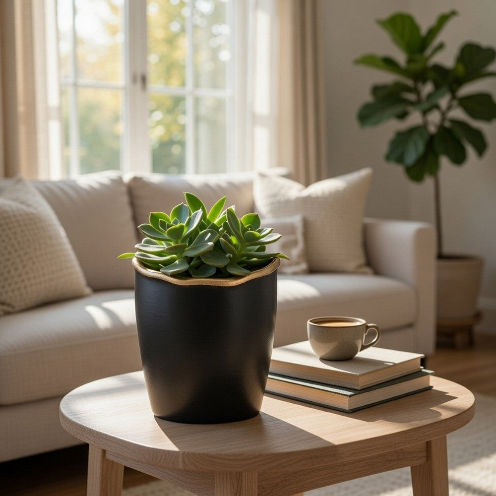 Decorative Vase | 8" Curved Rim Edge | Rich Black and Gold Metal