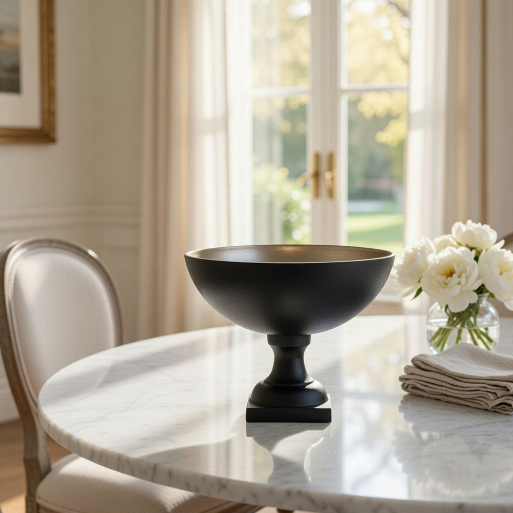 Decorative Bowl | 9" Round Footed Design | Black & Gold Aluminum
