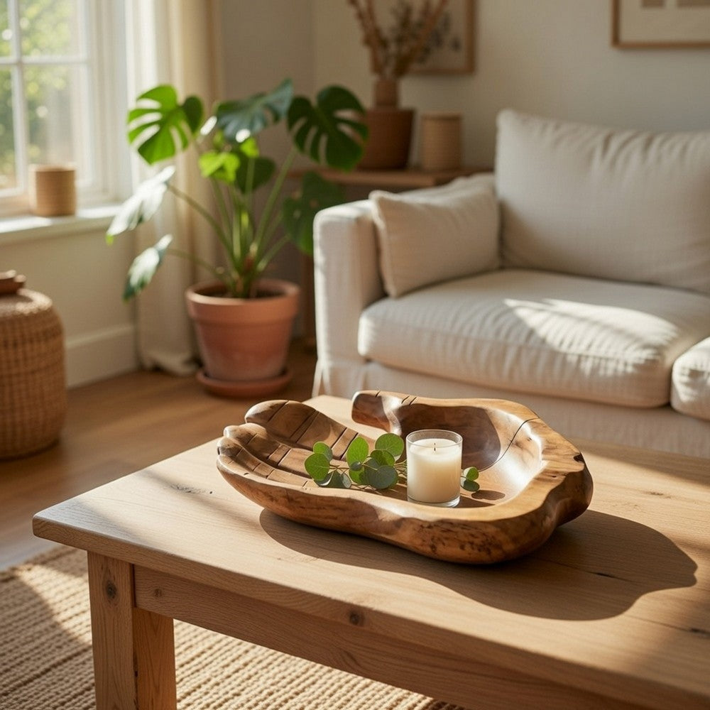 Decorative Accent Bowl Dish | 13" Hand Design with Teak Brown Wood