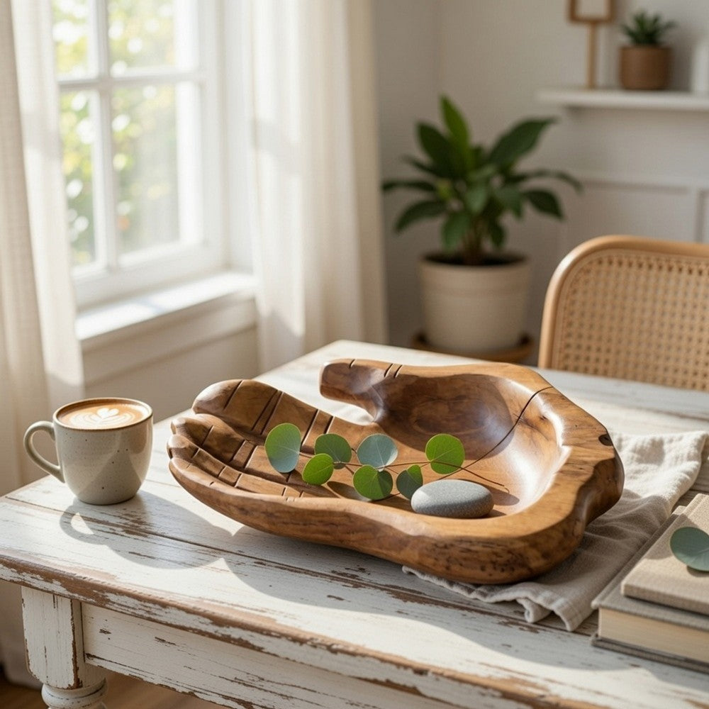 Decorative Accent Bowl Dish | 13" Hand Design with Teak Brown Wood
