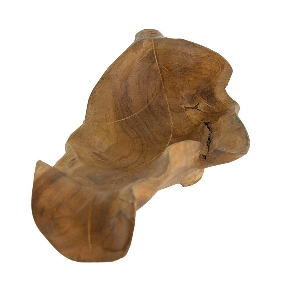 Decorative Accent Tray | 22" Teak Brown Wood Leaf Design | Hand Carved