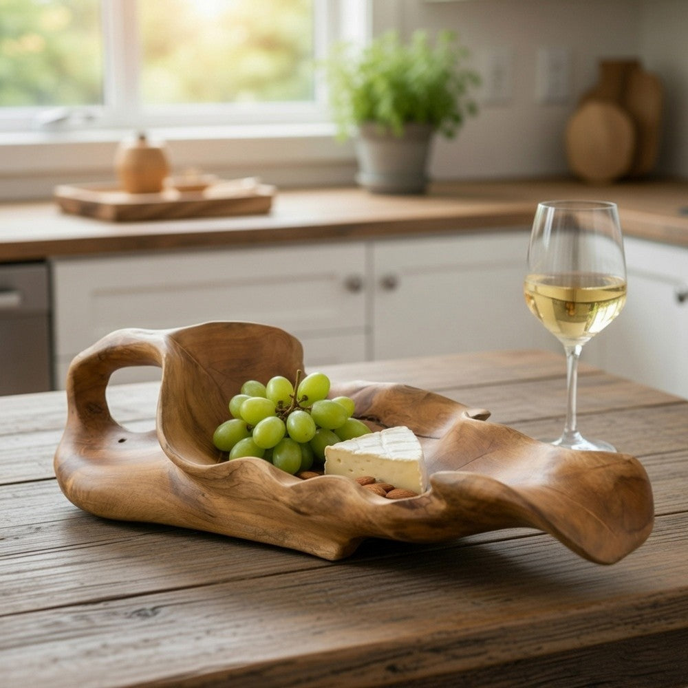 Decorative Accent Tray | 22" Teak Brown Wood Leaf Design | Hand Carved
