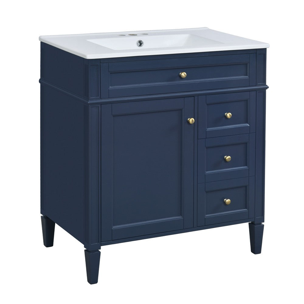 Roze Bathroom Vanity with Ceramic Sink | 3 Drawers | Blue Wood 30"