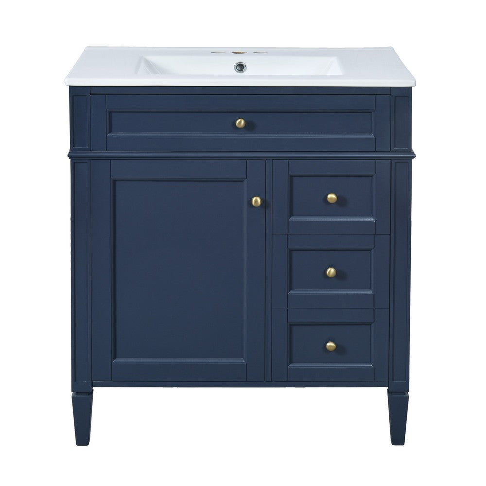Roze Bathroom Vanity with Ceramic Sink | 3 Drawers | Blue Wood 30"
