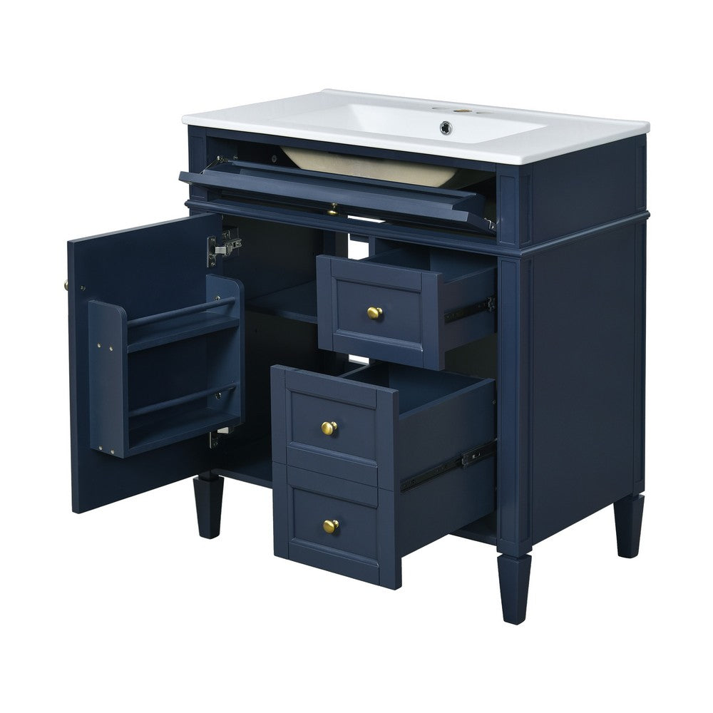 Roze Bathroom Vanity with Ceramic Sink | 3 Drawers | Blue Wood 30"
