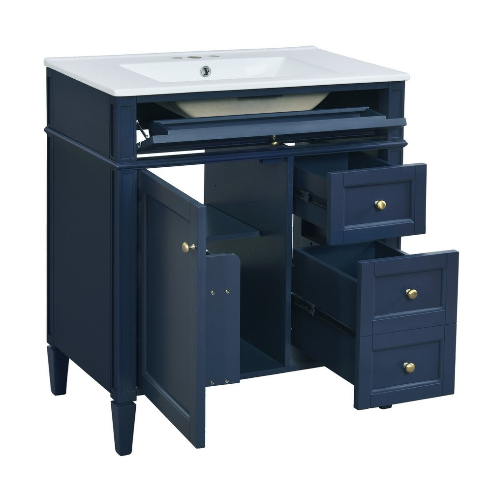 Roze Bathroom Vanity with Ceramic Sink | 3 Drawers | Blue Wood 30"