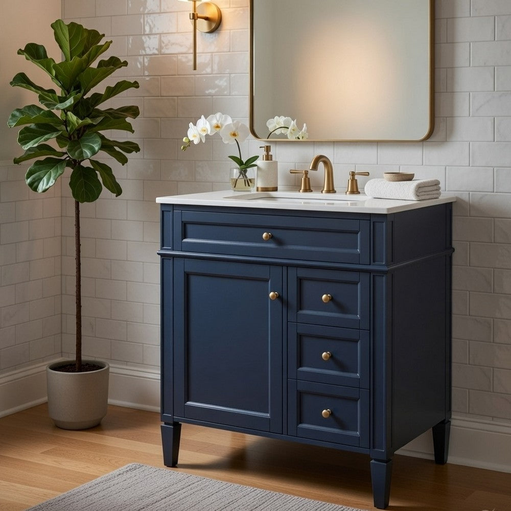 Roze Bathroom Vanity with Ceramic Sink | 3 Drawers | Blue Wood 30"