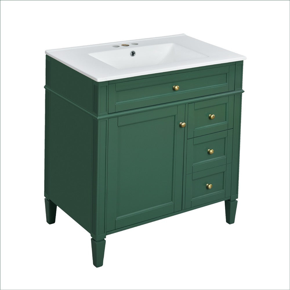 Roze Bathroom Vanity with Ceramic Sink | 3 Drawers | Green Wood 30"