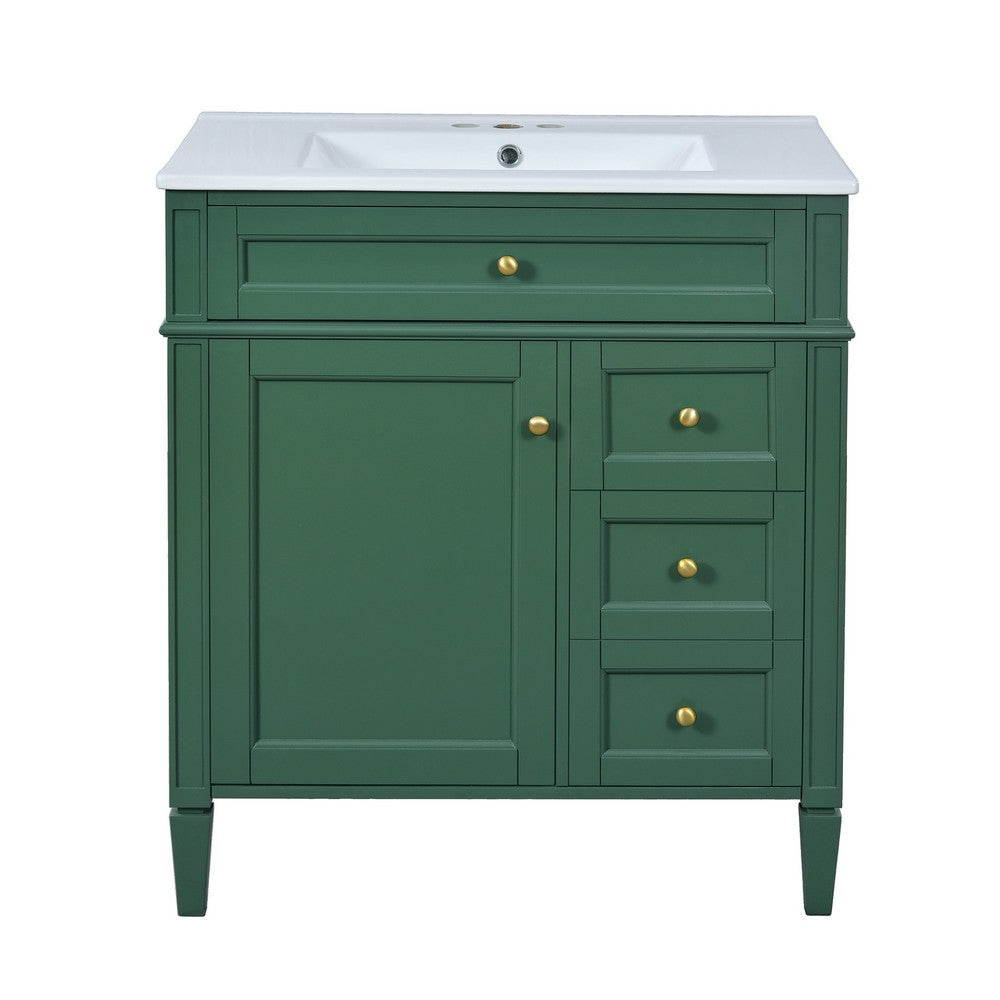 Roze Bathroom Vanity with Ceramic Sink | 3 Drawers | Green Wood 30"