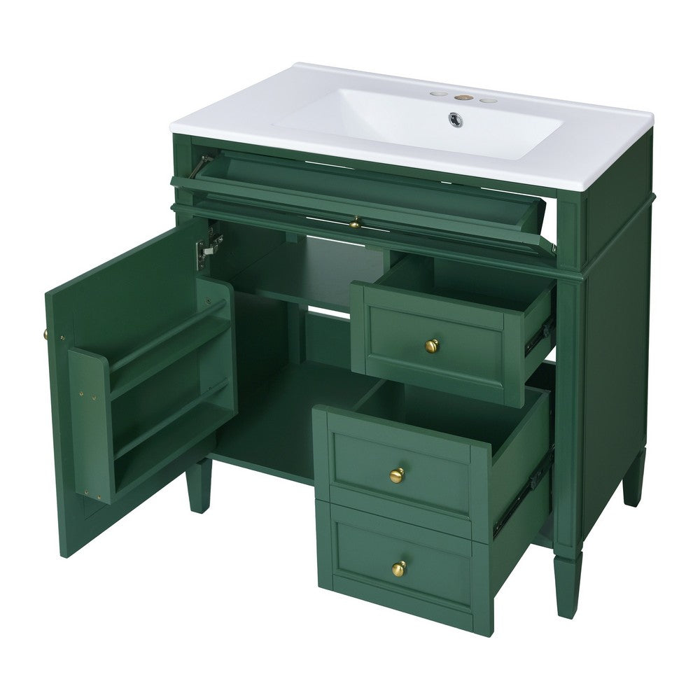 Roze Bathroom Vanity with Ceramic Sink | 3 Drawers | Green Wood 30"