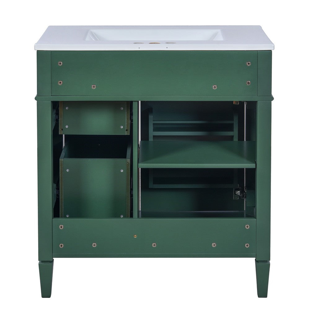Roze Bathroom Vanity with Ceramic Sink | 3 Drawers | Green Wood 30"