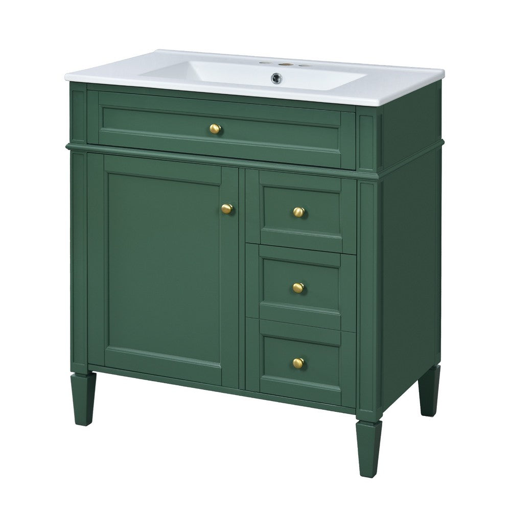 Roze Bathroom Vanity with Ceramic Sink | 3 Drawers | Green Wood 30"