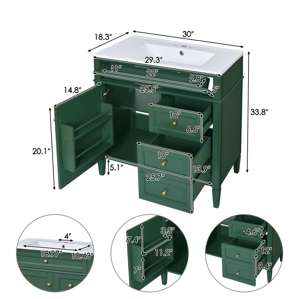 Roze Bathroom Vanity with Ceramic Sink | 3 Drawers | Green Wood 30"