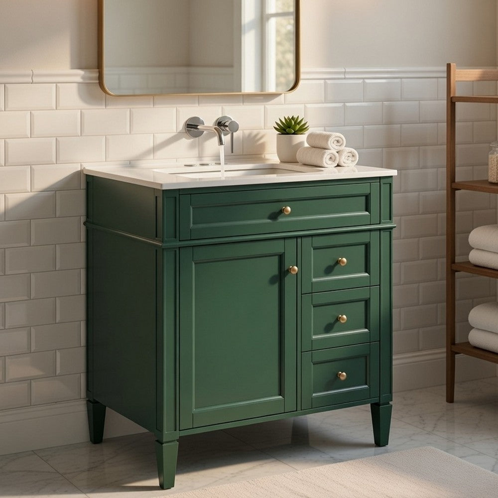 Roze Bathroom Vanity with Ceramic Sink | 3 Drawers | Green Wood 30"
